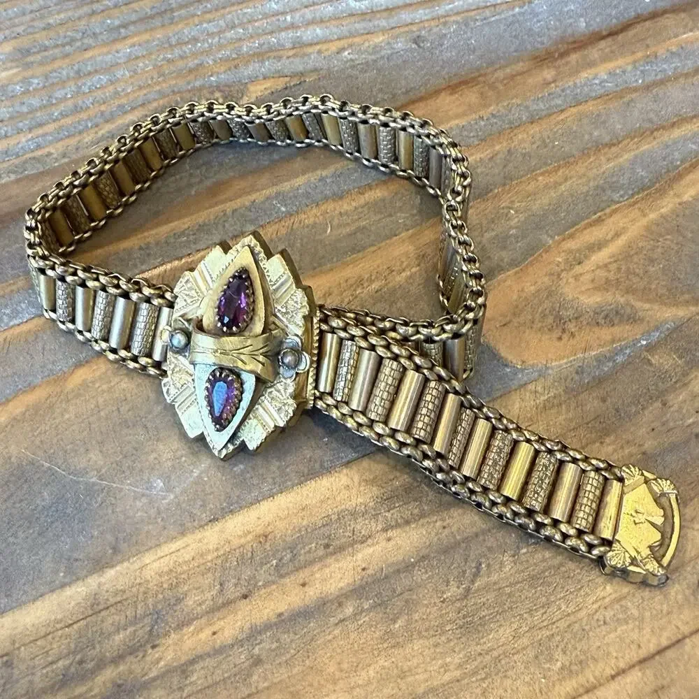 Antique Victorian Gold Filled Mesh Slide Bracelet Amethyst Glass Seed Pearl 1882 - Picture 12 of 13